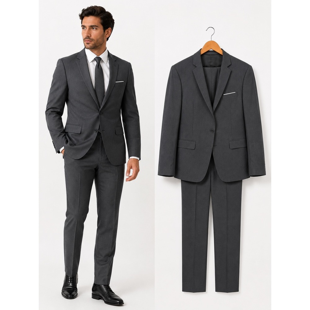 MY'S Mens 3 Piece Slim Fit Suit Set Charcoal Grey Blazer Vest Trousers Formal